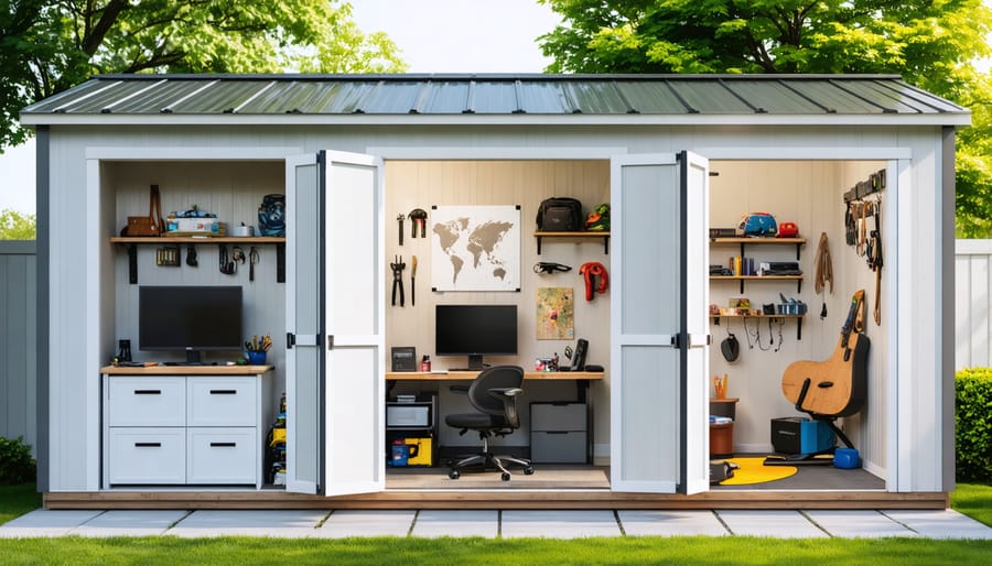 Conceptual illustration of a 10x12 shed in a backyard, showing divided interior spaces for various uses including a workshop, gaming room, art studio, and meditation space with corresponding items like tools, game consoles, art supplies, and yoga mats.