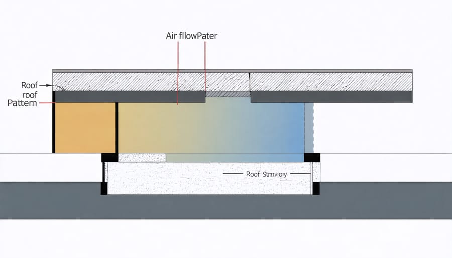 Technical diagram illustrating air movement through soffit vents, air gap, and ridge vent in a shed roof