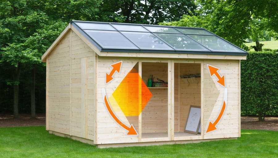 Illustration of a shed with a highlight on the vented roof structure showing air movement through soffit and ridge vents, set in a natural, green environment.