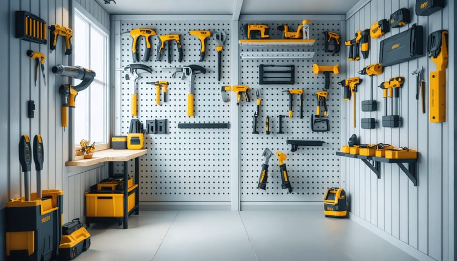 Organized interior of narrow shed with vertical storage systems and mounted tools