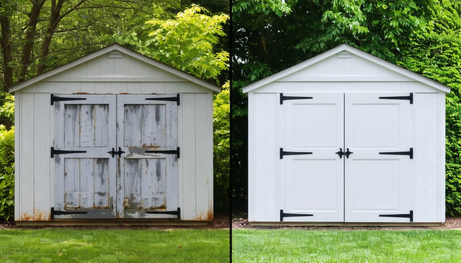 Side-by-side comparison highlighting the durability difference between a weathered wooden shed and a well-maintained vinyl siding shed, set in a backyard environment.