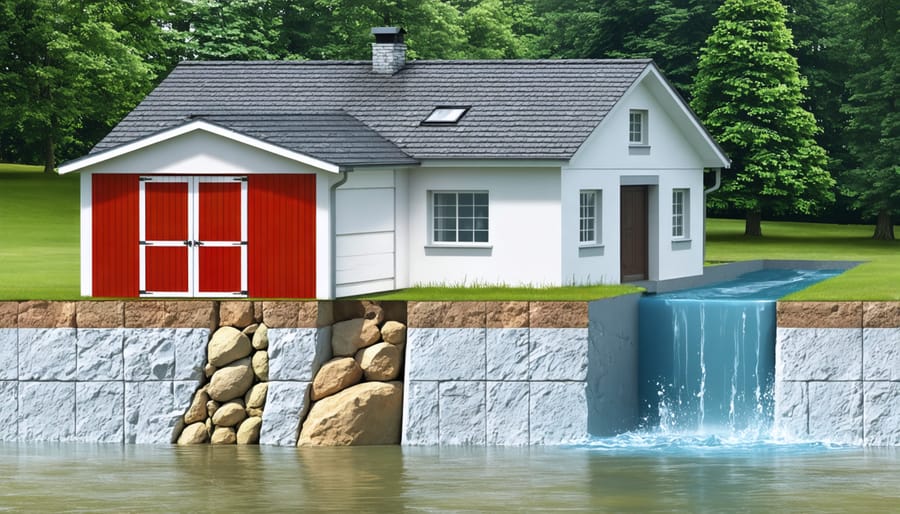 "Illustration of a waterproofed basement and shed with an exterior barrier protecting against rain and subterranean water."