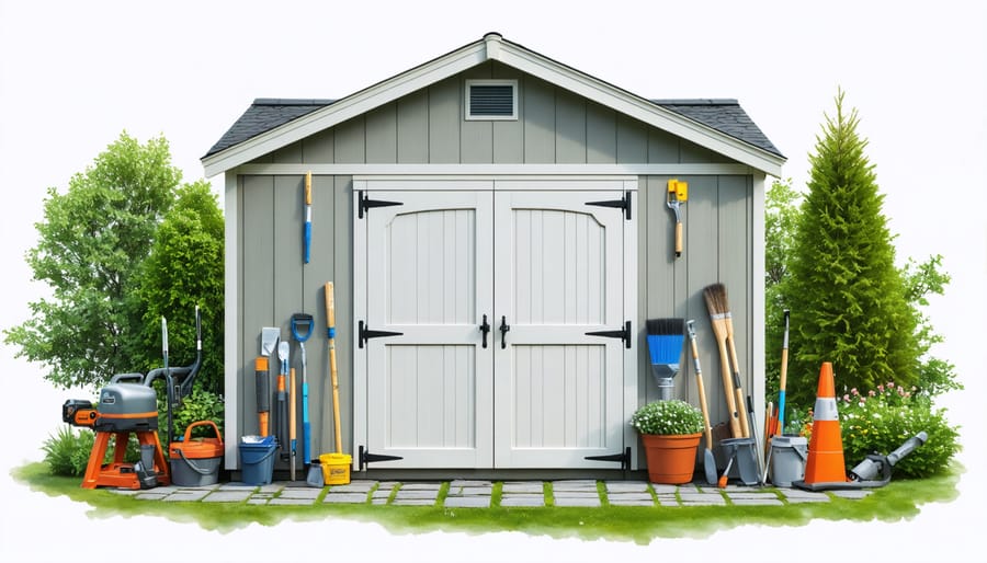 A comprehensive diagram of a garden shed being waterproofed with sealant application on joints, gutters around the roof, and a sloped foundation for drainage, illustrating essential waterproofing techniques.