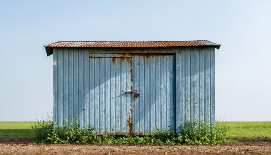 Metal storage shed exhibiting common weather-related wear including rust spots and denting