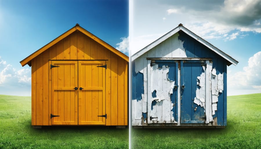A split image showing the contrast between a well-protected shed with weather-resistant paint and a deteriorating shed with peeling, weathered paint, illustrating the effectiveness of weather-resistant coatings.