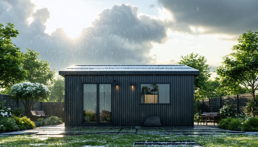 A modern shed showcasing three roof styles: gable, saltbox, and hip, each suited to different weather conditions, with snow, rain, and sunlight depicted to illustrate their climate adaptability.