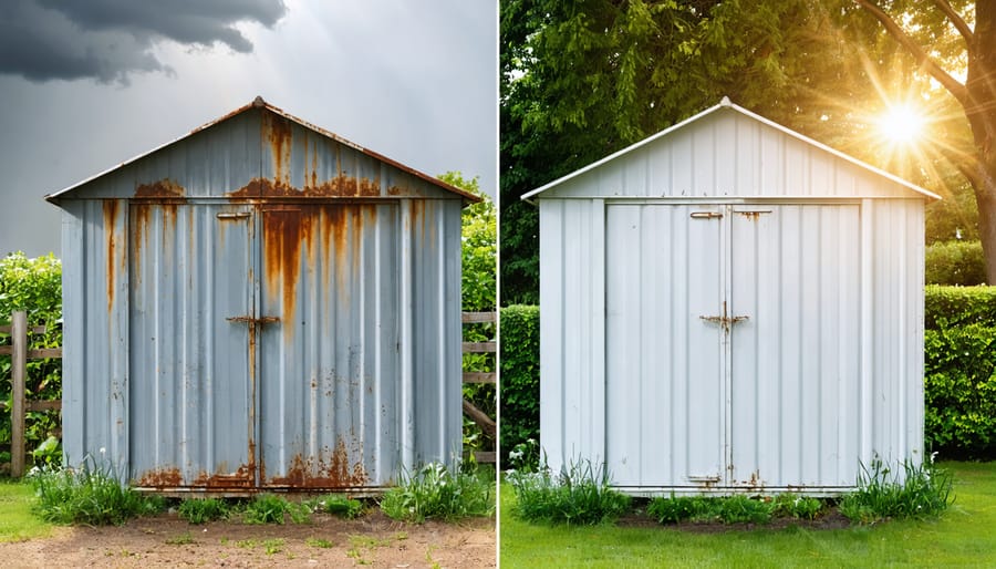 Split-screen illustration contrasting a rusted metal shed with chipping paint against a freshly painted shed with weather-resistant, durable finishes under different weather conditions.