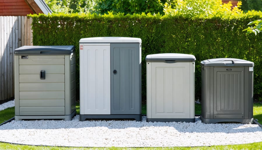 Outdoor garden showcasing various waterproof storage units made of plastic, metal, and resin, with features like reinforced seals and elevated bases.