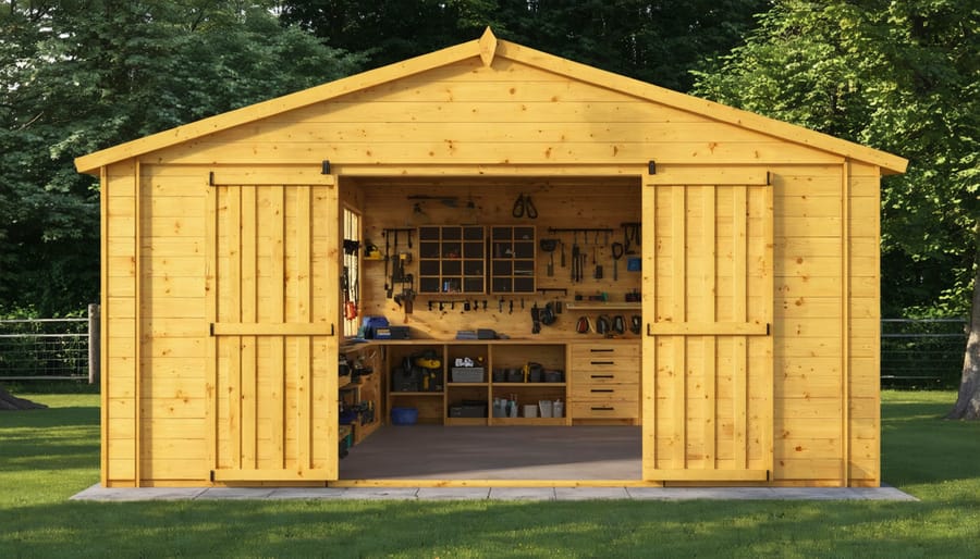 Spacious wooden workshop shed with workbench and organized tool storage