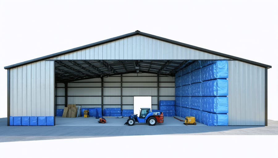 Conceptual illustration of a modern pole shed being constructed with advanced insulation techniques, featuring vapor barriers, girts, and construction tools to highlight efficiency and durability.