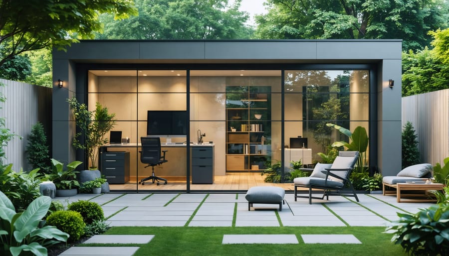 Modern office shed in a lush backyard setting, featuring large windows, clean lines, and a contemporary design seamlessly integrating with nature.