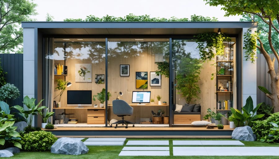 Conceptual illustration depicting a backyard transformation into a professional home office shed, highlighting modern design, large windows, and natural surroundings.