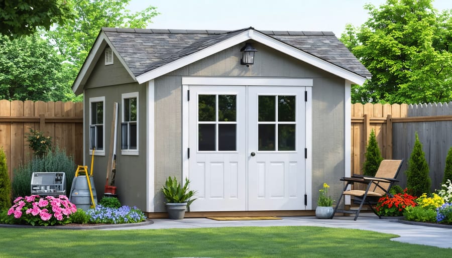 An image depicting a garden shed's transformation into an elegant guest house, showcasing construction work, new windows being installed, and upgraded landscaping to create an inviting atmosphere.