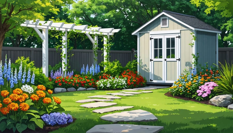 A beautifully landscaped garden shed with a winding stone pathway, colorful flowering perennials, climbing trellises with vines, and solar-powered accent lights enhancing its visual appeal.
