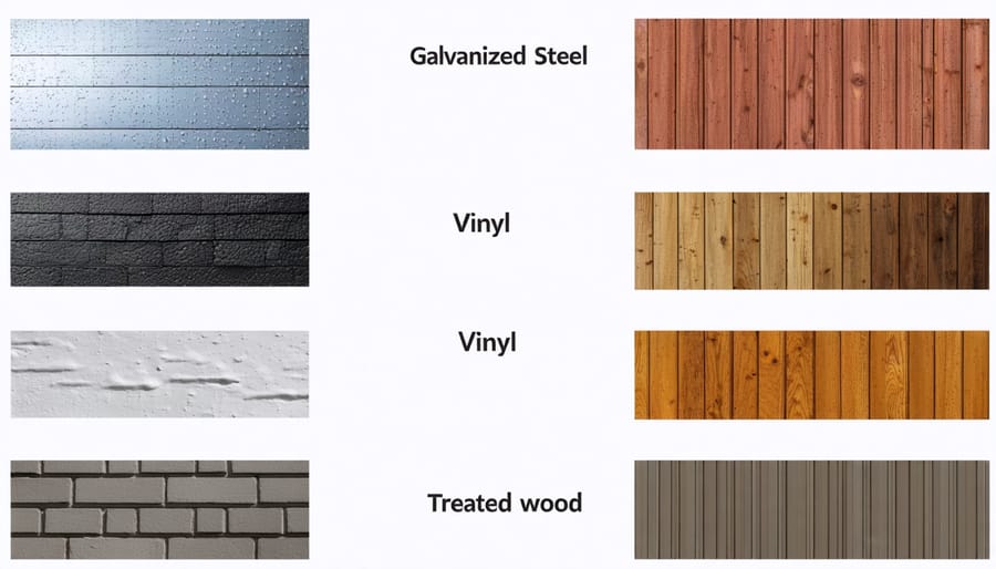 Side-by-side display of climate-resistant shed materials showing metal, polymer, and treated wood options