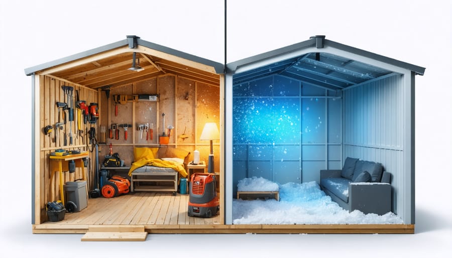 Side-by-side illustration of an outdoor shed transitioning from a cold, uninsulated space to a cozy, insulated workspace showcasing the benefits of proper insulation.