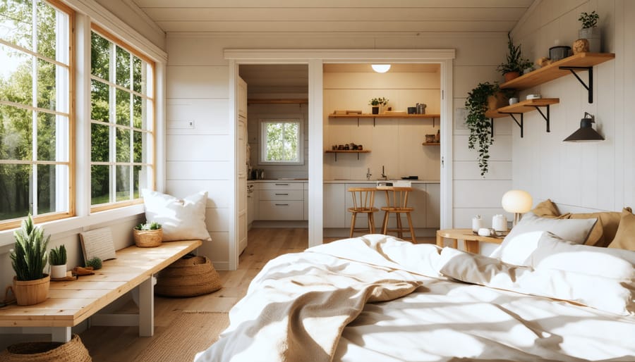 Finished shed bedroom interior showcasing built-in storage and efficient space utilization