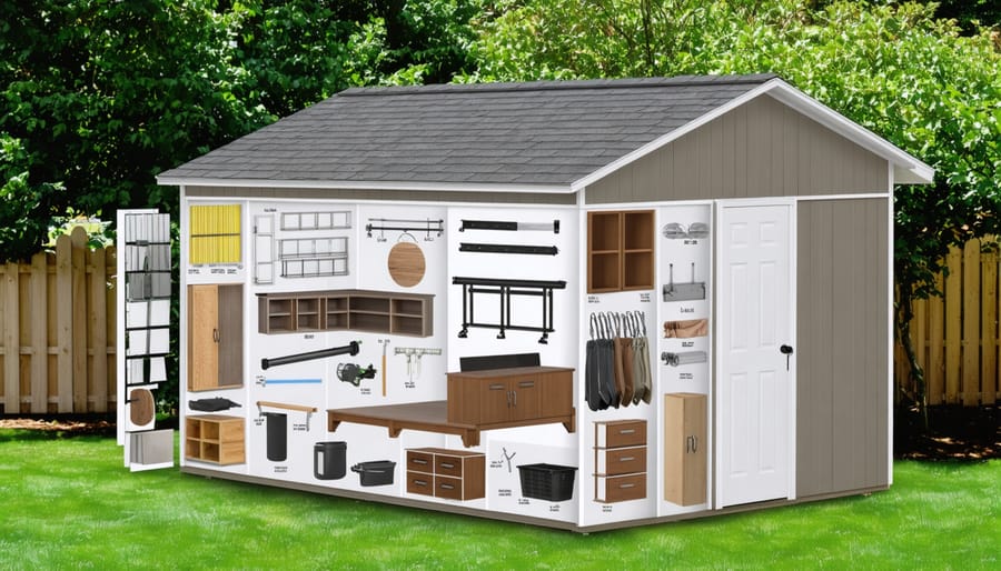 Detailed exploded view diagram of an 8x10 shed assembly, showcasing composite wall panels, roofing components, and supporting framework against a simple backyard background.