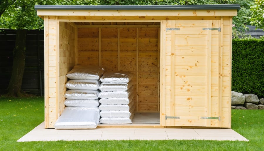 Cozy garden shed with various insulation materials like fiberglass batts, reflective foil, and bubble wrap displayed; partially insulated wall showing studs and insulation panels.