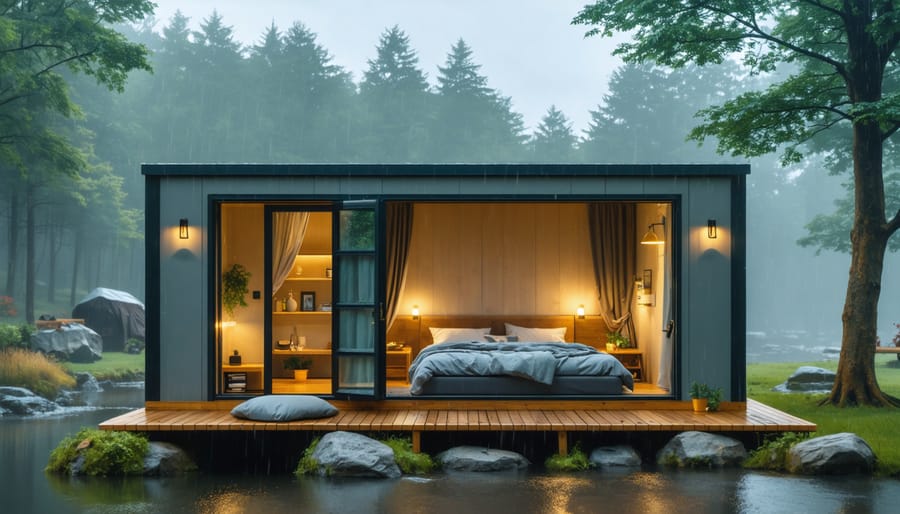 A cozy, insulated portable building depicted in a serene setting, showcasing effective insulation materials like fiberglass batts and foam boards. The image highlights the contrast between the building's warm interior and adverse weather conditions outside, illustrating the benefits of weatherproofing and insulation.