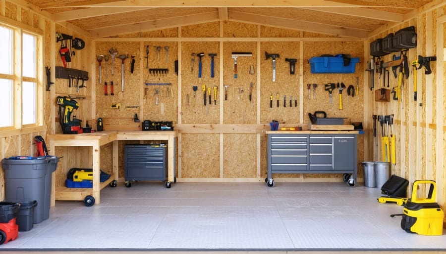 An inviting and well-organized workshop inside a shed, featuring insulated flooring with underlying layers and tools arranged on a workbench, illuminated by warm lighting.