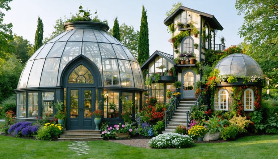 A vibrant garden landscape showcasing diverse greenhouse designs, including a geodesic dome, a vintage window greenhouse with cathedral-style architecture, and a vertical garden tower.