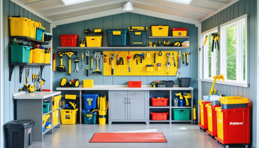 Interior of a customizable storage shed showcasing modular shelves, built-in workbench, and wall-mounted organization tools with a well-lit and functional design.