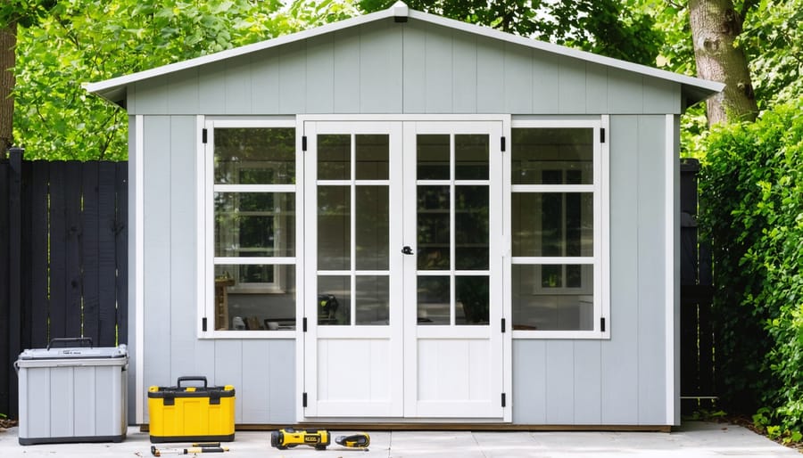 A charming garden shed with newly installed windows showcasing fixed, sliding, and awning styles, surrounded by lush greenery and DIY tools in the foreground.