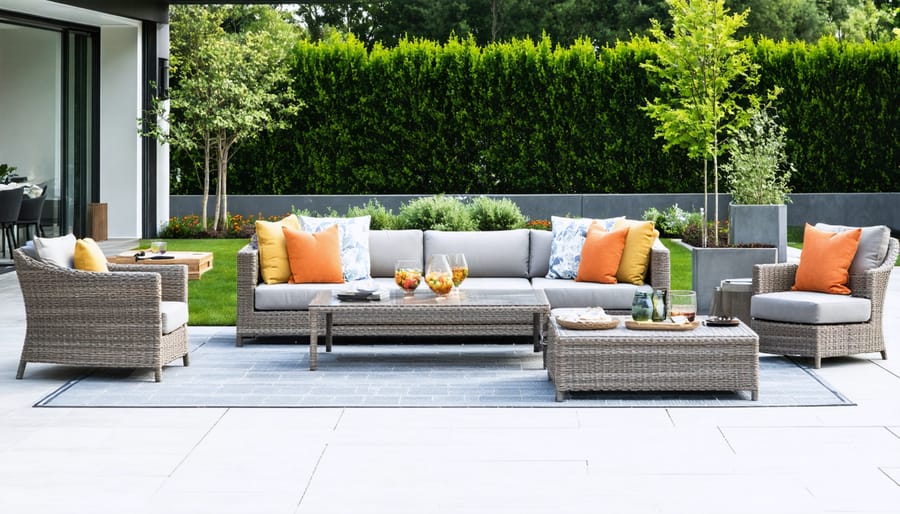 A modern patio featuring stylish and weather-resistant outdoor furniture, including a synthetic wicker sofa and powder-coated aluminum dining set, illustrating resilience against various weather conditions.