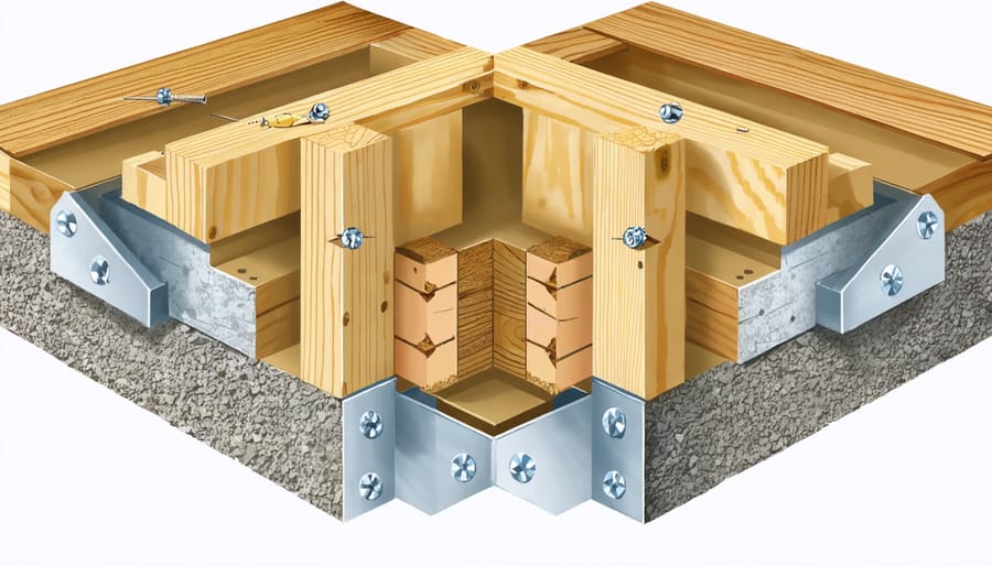 Conceptual illustration of a robust shed corner showing doubled 2x4s in an L-shape with metal braces, nails, screws, and annotations detailing construction and weatherproofing features.