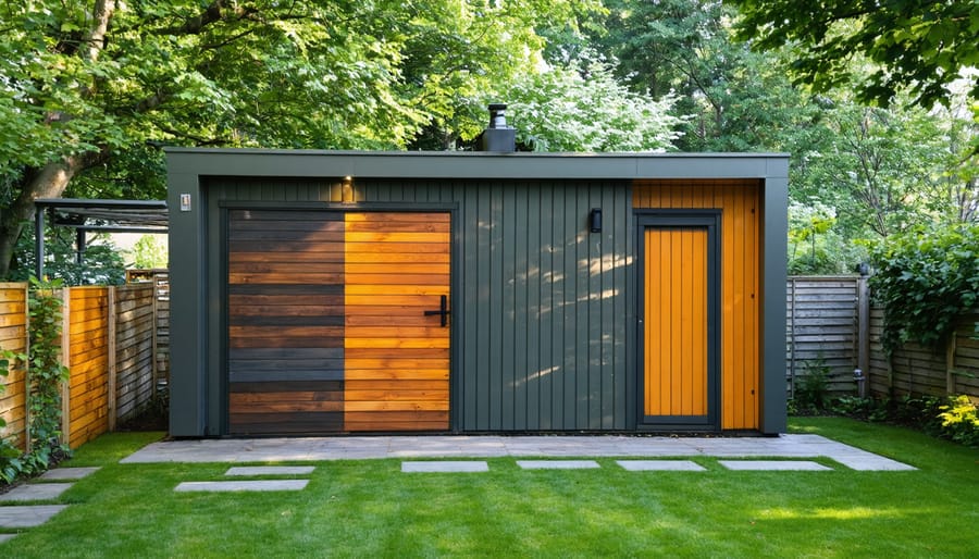 Eco-friendly shed in a green backyard showcasing a blend of reclaimed wood, recycled metal, and eco-composite materials with sunlight filtering through trees.