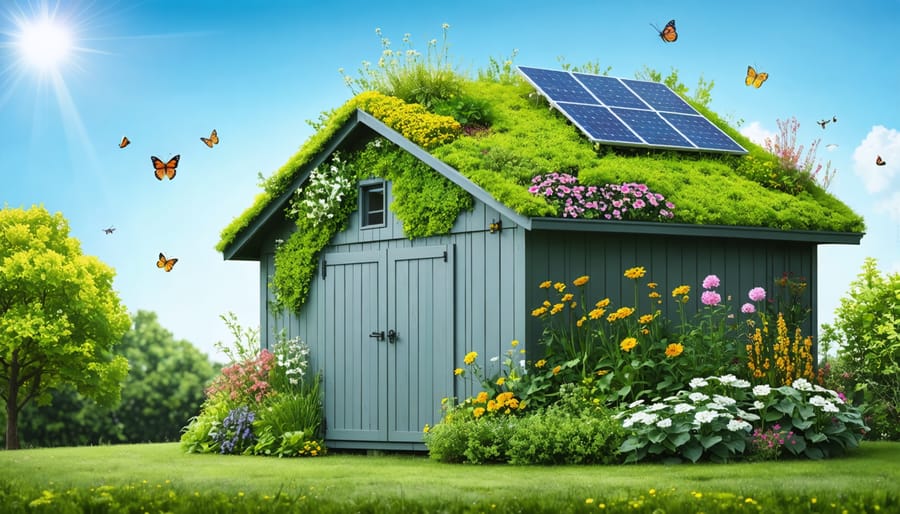 An environmentally sustainable garden shed with a green roof covered in vibrant sedum plants, solar panels, and recyclable metal roofing, demonstrating a harmony between nature and architecture.