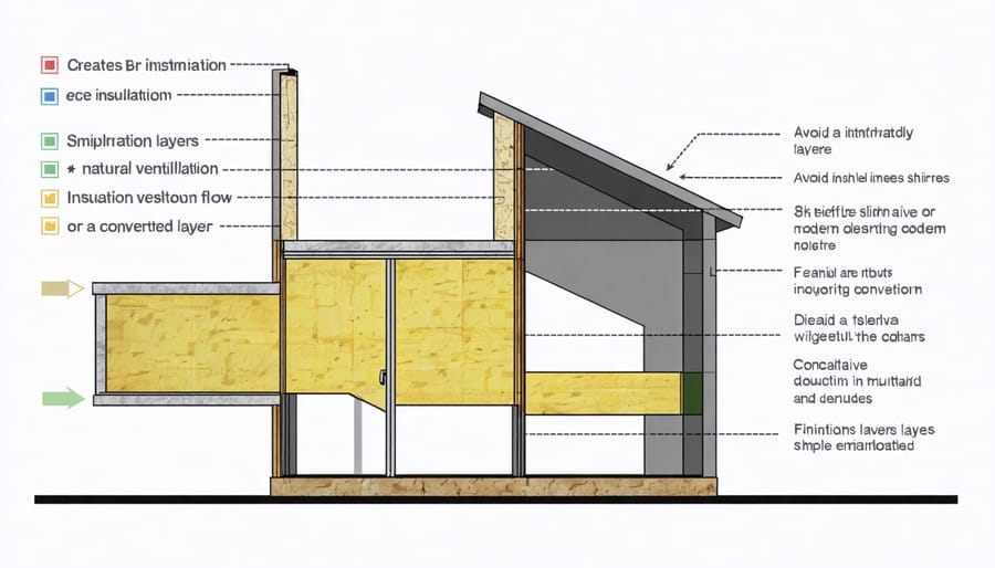 Cross-section illustration of sustainable insulation materials and airflow patterns in converted shed walls