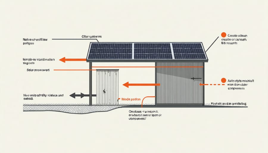 Illustration of eco-friendly ventilation system in a garden shed