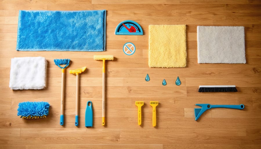 Well-maintained engineered shed floor surrounded by cleaning tools and symbols illustrating care tips, emphasizing the natural beauty and protection of the flooring.