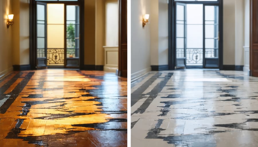 Comparison showing engineered floor damage before and after DIY repairs