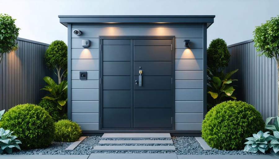 A garden shed equipped with advanced security features, including motion-activated lights, security cameras, and reinforced doors, surrounded by protective landscaping of thorny shrubs and gravel paths.