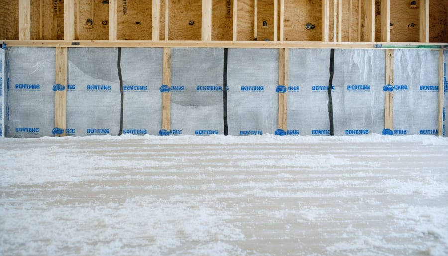 Worker installing frost protection insulation around pole shed foundation