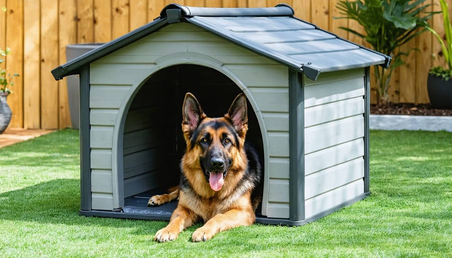German Shepherd relaxing in a spacious, well-designed outdoor dog house with a shaded porch and proper ventilation features.