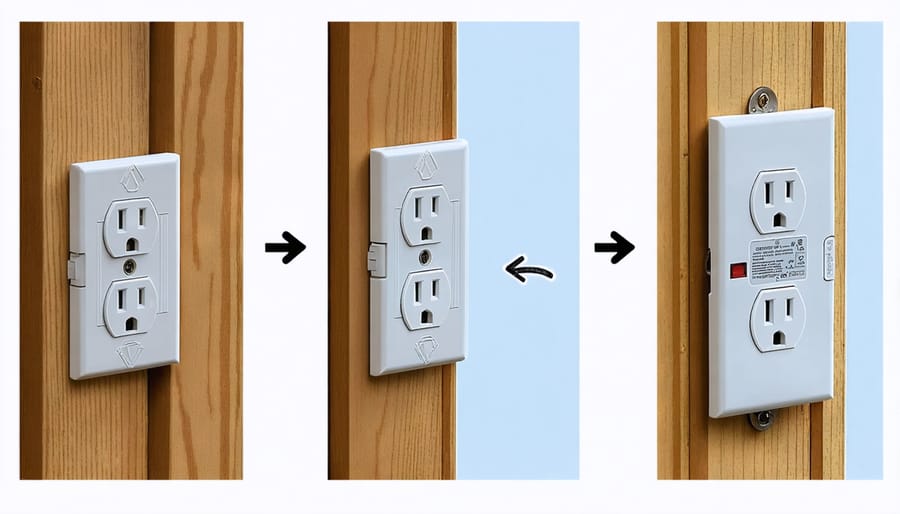 Sequential photos demonstrating weather-resistant GFCI outlet installation process