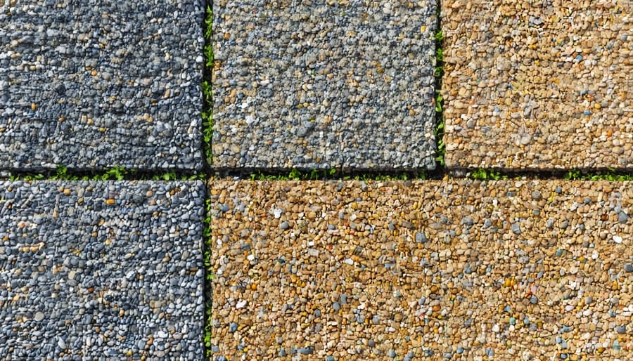 Four-panel image showing the progression of installing a permeable gravel foundation from ground preparation to final leveling