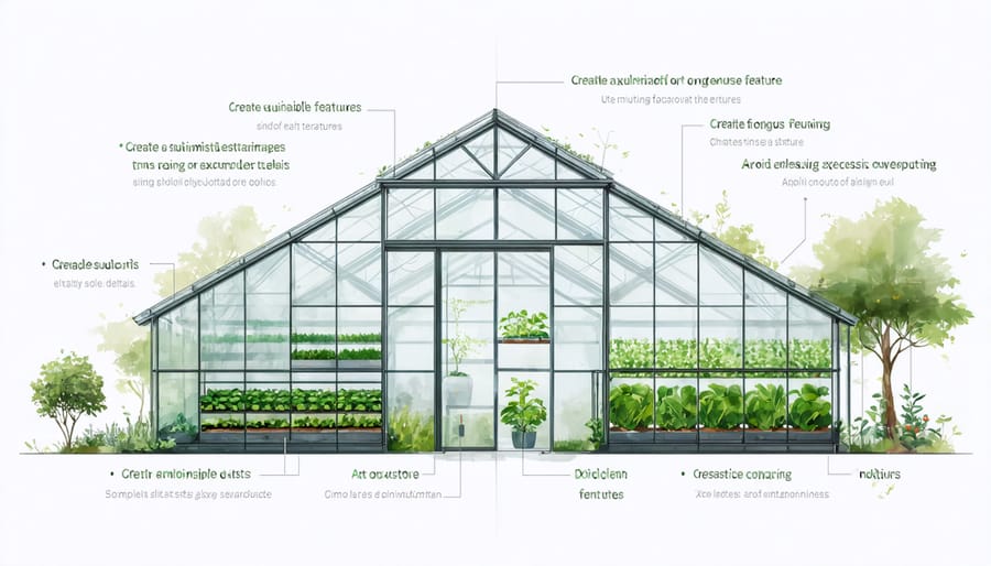 Technical illustration of greenhouse ventilation, water collection, and temperature control systems
