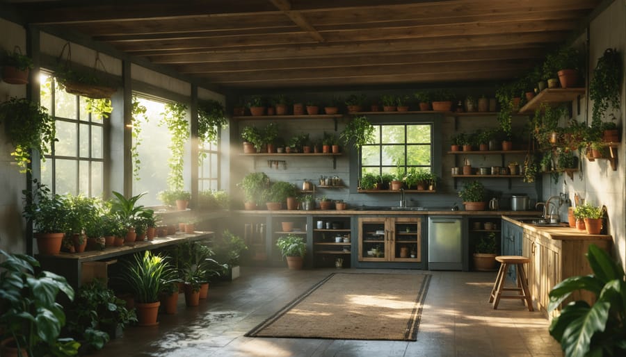 Interior lighting demonstration showing windows, skylights, and strategic artificial lighting