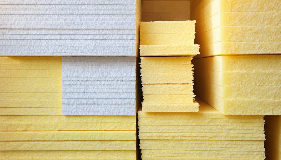 Various shed insulation materials showing fiberglass, foam boards, and reflective barriers
