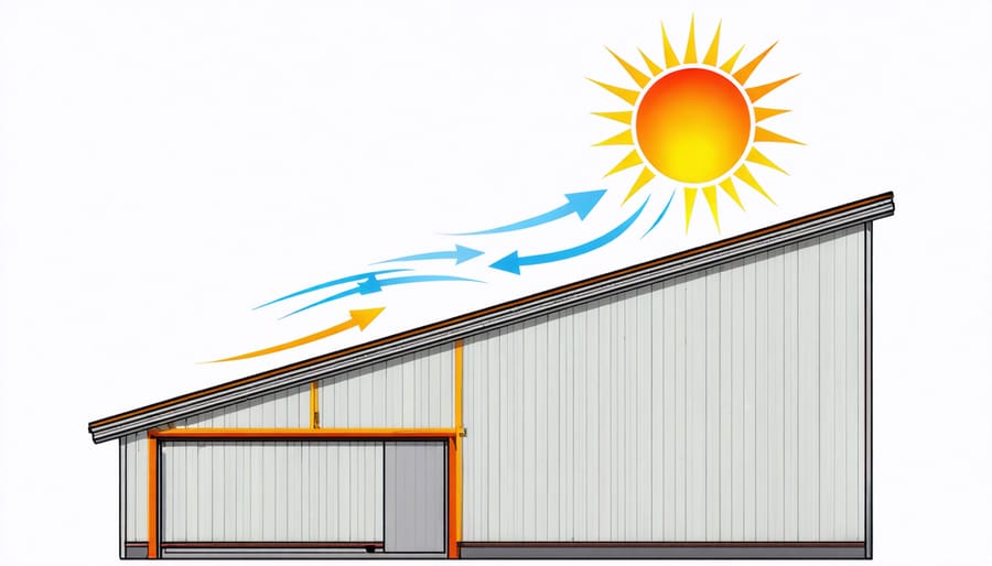Illustration showing a J vent roof system on a storage shed with arrows indicating airflow patterns and protective features against weather elements.