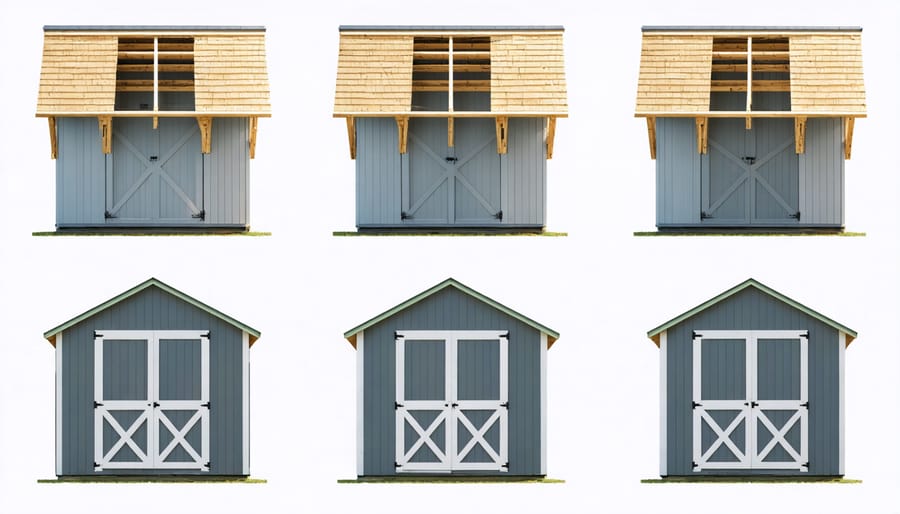 Construction stages of L-shaped shed frame showing corner joints and structural support installation