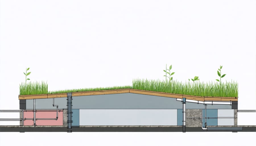 Cross-sectional diagram of L-shaped roof structure highlighting drainage components and gutter positioning