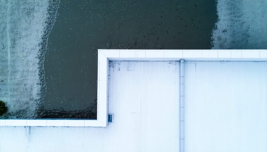 Diagram showing rainwater flow paths on an L-shaped shed roof with arrows indicating drainage directions