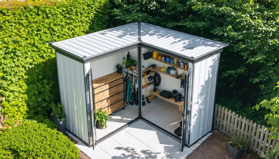 "Illustration of an L-shaped storage shed in a landscaped backyard, highlighting its multifunctional design and efficient use of corner space to store gardening tools and workshop equipment."