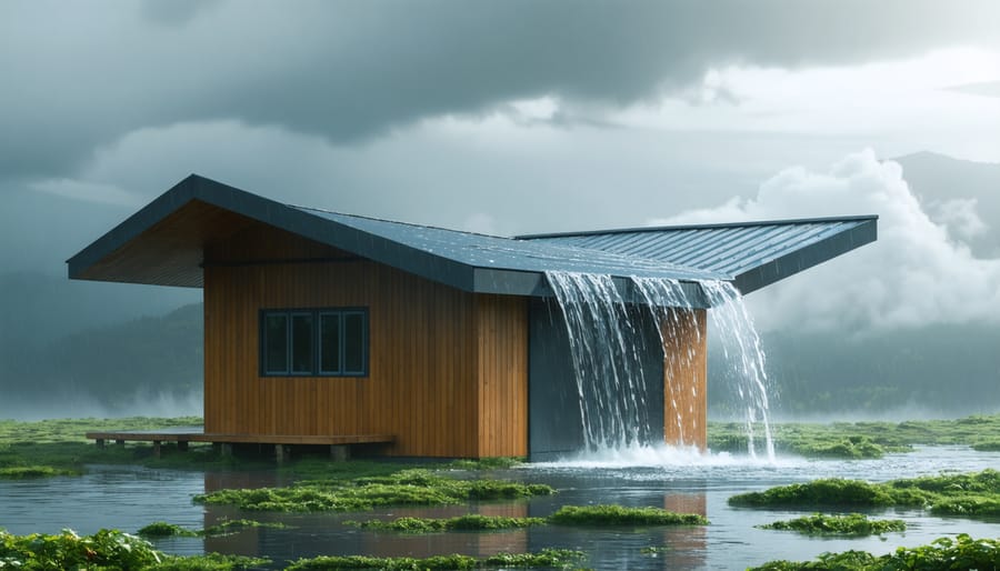 Illustration of an L-shaped shed roof demonstrating rainwater drainage channels and wind resistant design, set against a backdrop of storm clouds and sunlight.